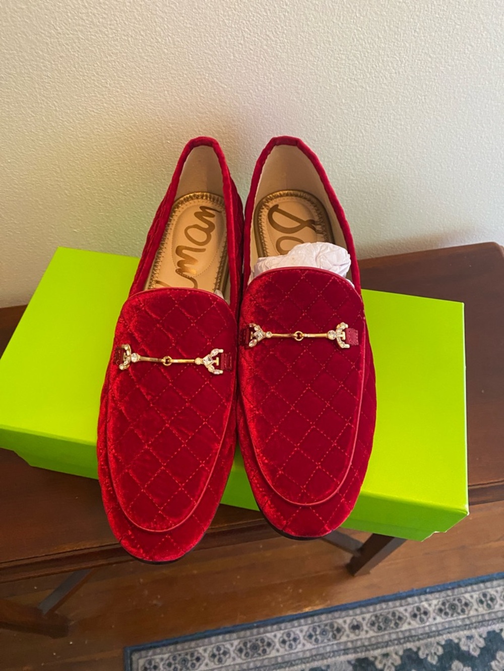 Sam Edelman Ladies Velvet Slip-On Loafers in Red with Gold Accent
